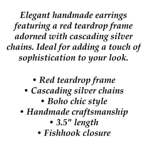 Red Beaded Teardrop Hoop Earrings with Silver Chains Boho Handmade Jewelry 3.5" - Picture 5 of 6